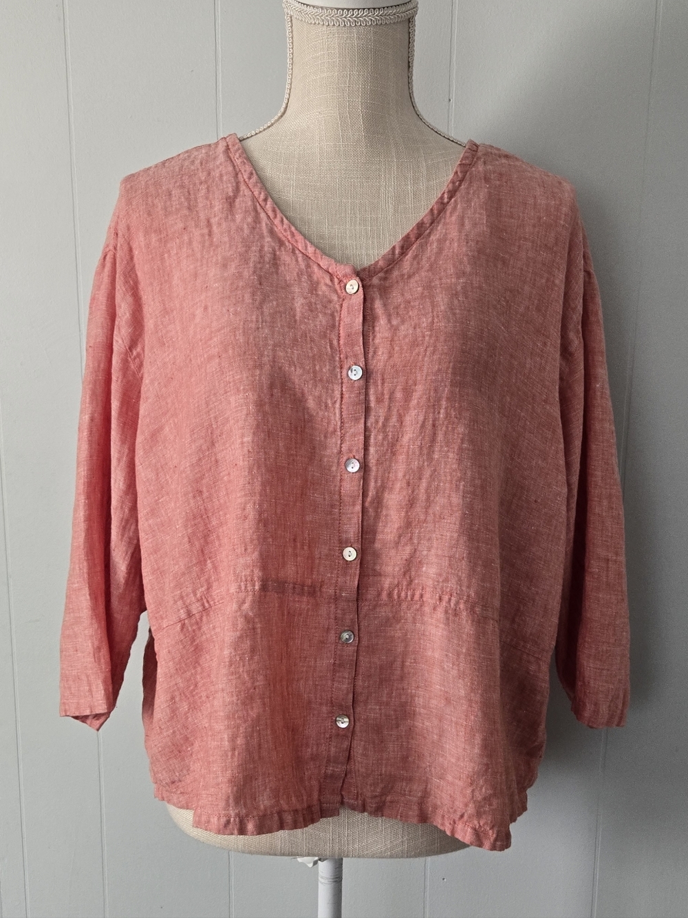 Sigrid Olsen Coral-Pink Linen Button-Front Blouse